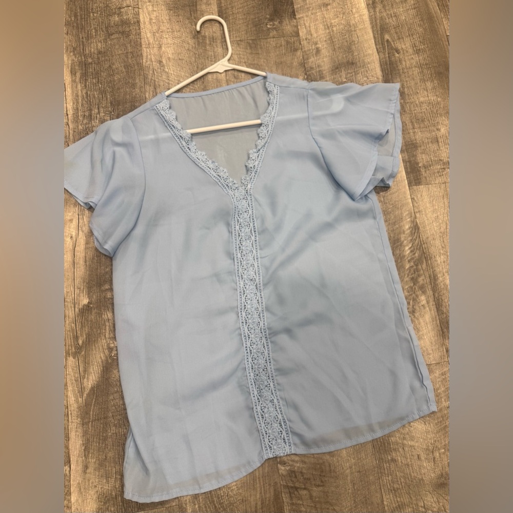 Light Blue Lace Trim Women's Blouse